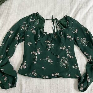 Abercrombie & Fitch Dark Green Floral Tie-Front Blouse